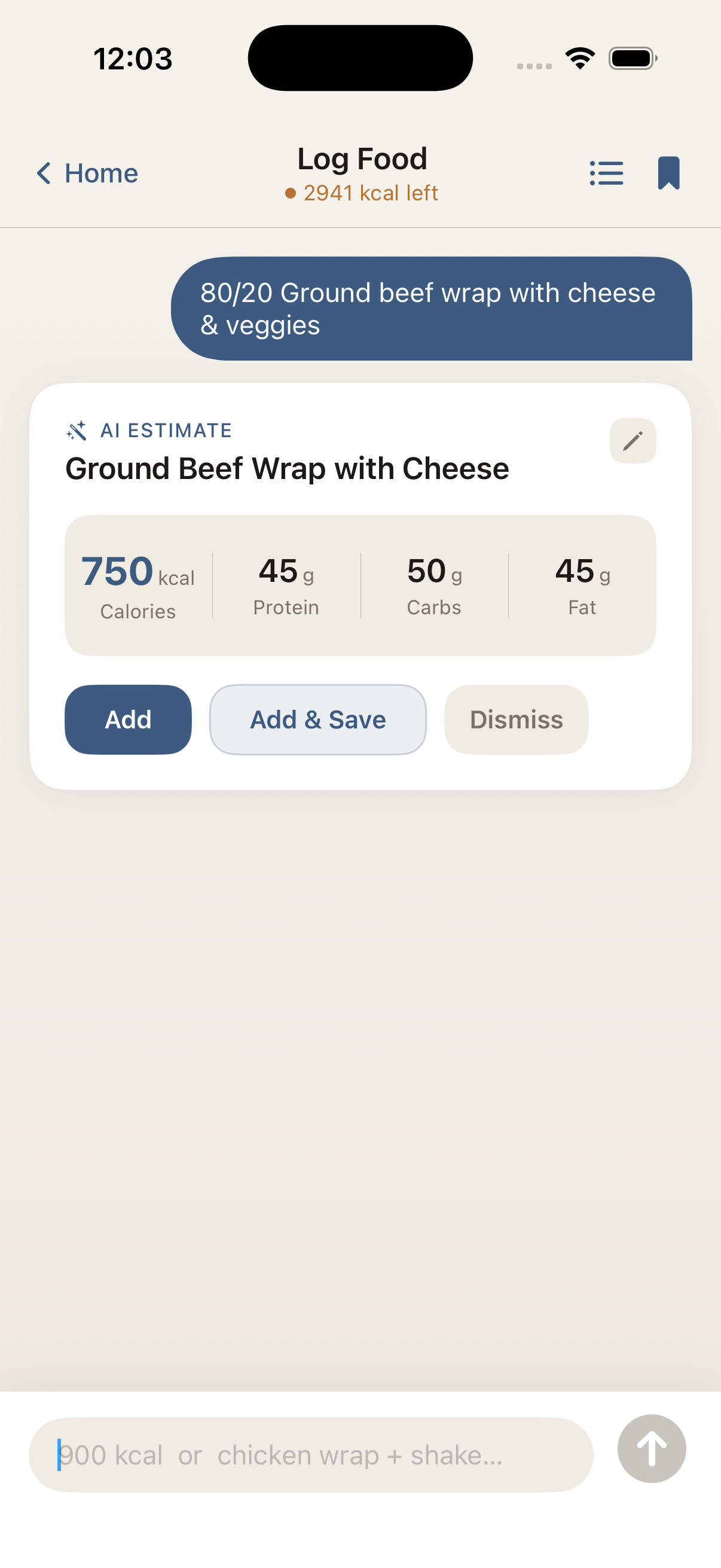 BulkBro log food screen showing quick meal entry