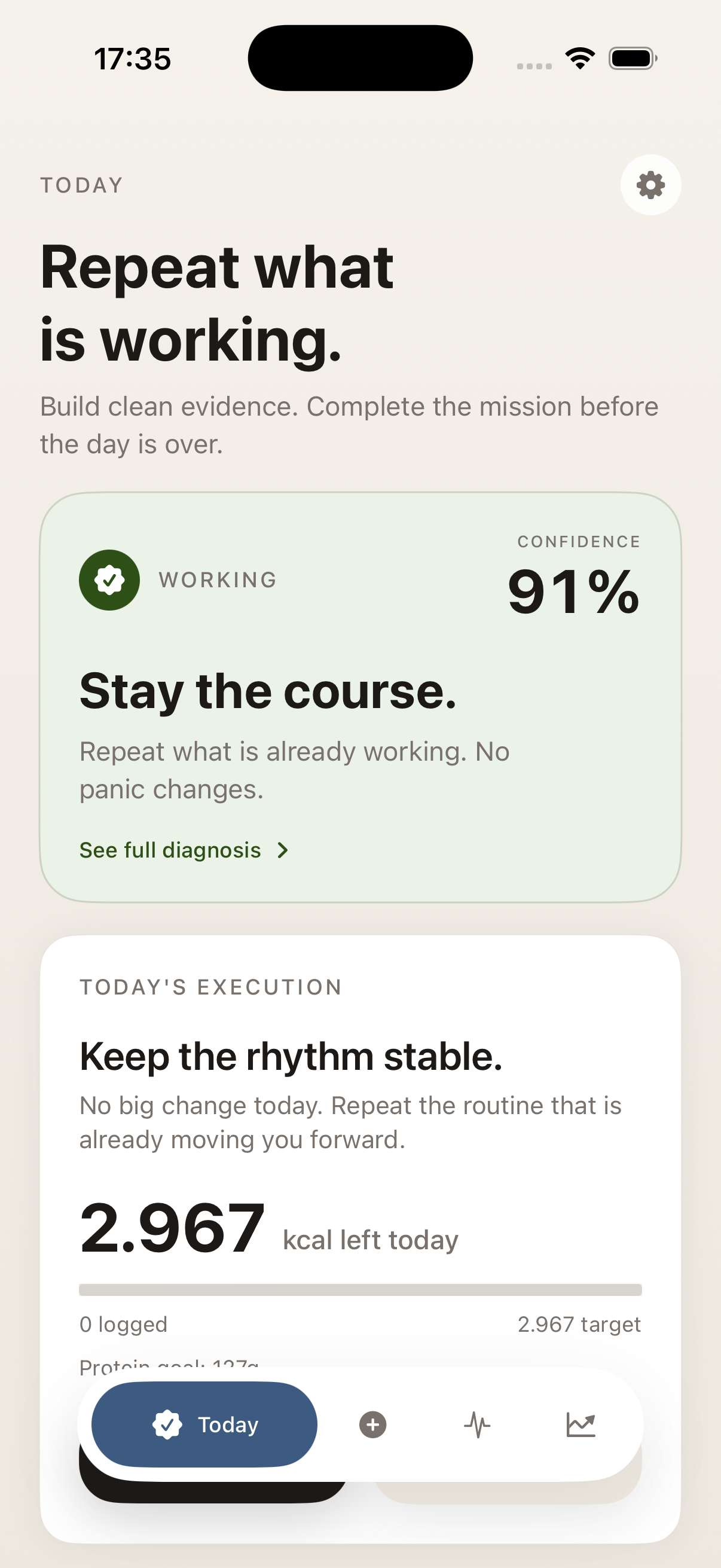 BulkBro today screen showing the daily mission and calorie execution